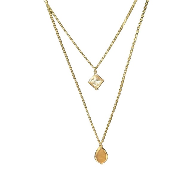 Anne Klein 2 Pendant Necklace Diamond Shape Rhinestone Tear Drop Citrine 17” NWT - Picture 2 of 10